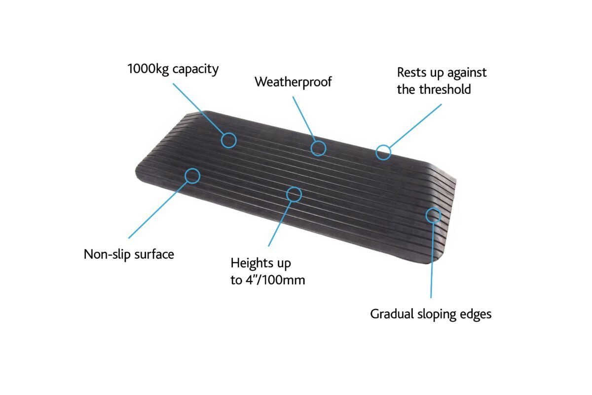 Rubber Threshold Ramps C2c_location_Select Threshold Height Aids 4 Mobility Height 100mm (4") Length 535mm (1ft 9") YES (VAT Exempt) 