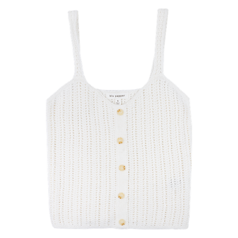 A white, knitted, button down tank top