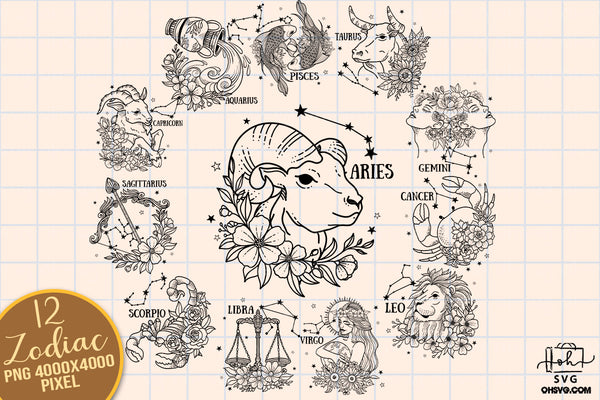 Floral Zodiac Sign Bundle PNG, Zodiac Sign PNG, Astrology PNG, Flower ...