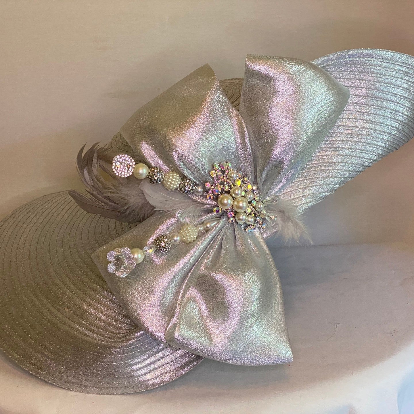 Over the Top - Silver Light Weight Derby Hat With Bow and Plenty of Bling-Animo Hat Company