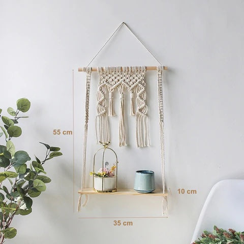 Image showing the dimensions of a bohemian wood and macrame shelf