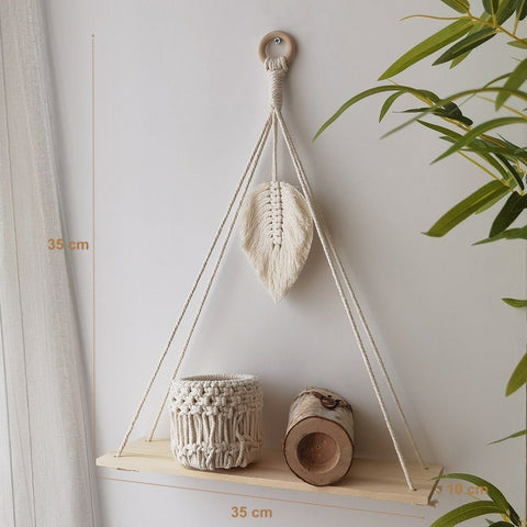 PLUME ~ Macrame Feather Wooden Wall Shelf