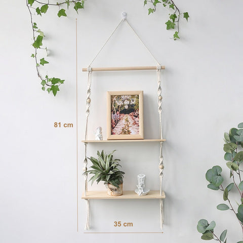 Dimensions Etagère murale double en bois et macramé