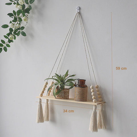 PAMPILLE ~ Wooden wall shelf with macramé pompoms