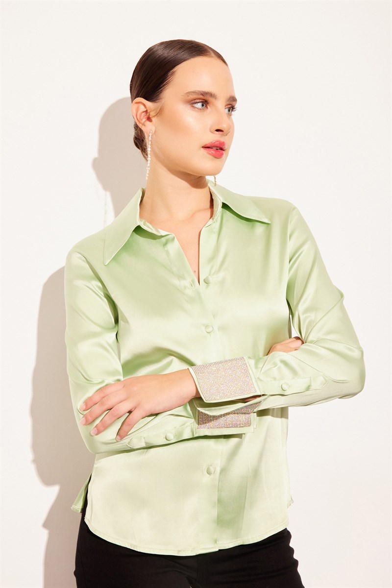 Carmen Sage Green Satin Silk Sparkly Shirt – unmatchedbyu