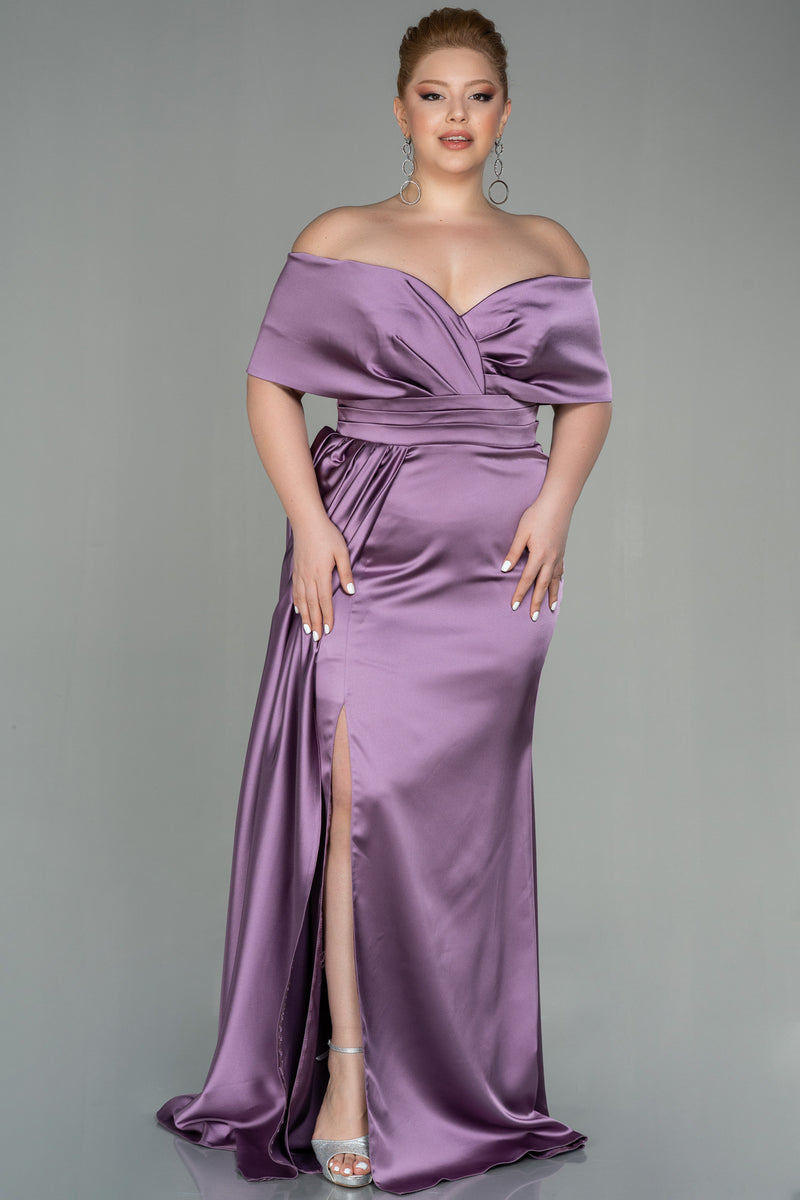 Soraya Lilac Plus Size Off Shoulder Straps Satin Gown with Slit and ...
