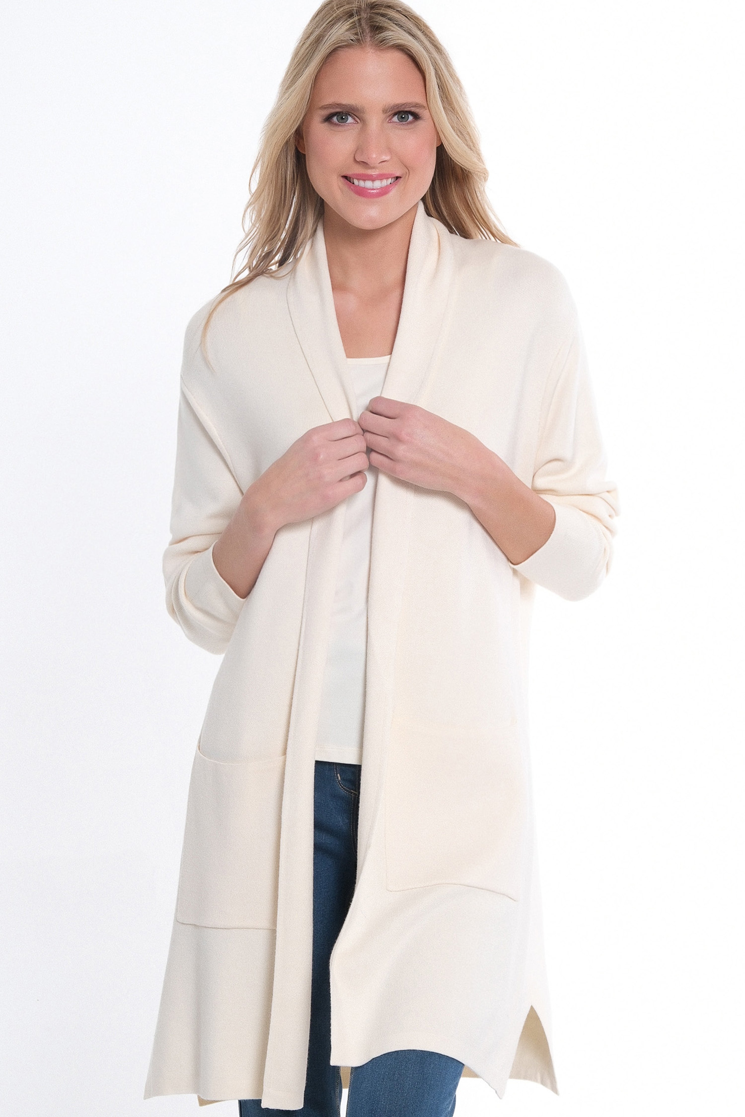 3/4 Sleeve Drop Shoulder Shawl Collar Open Front Cardigan Sweater - Winter White