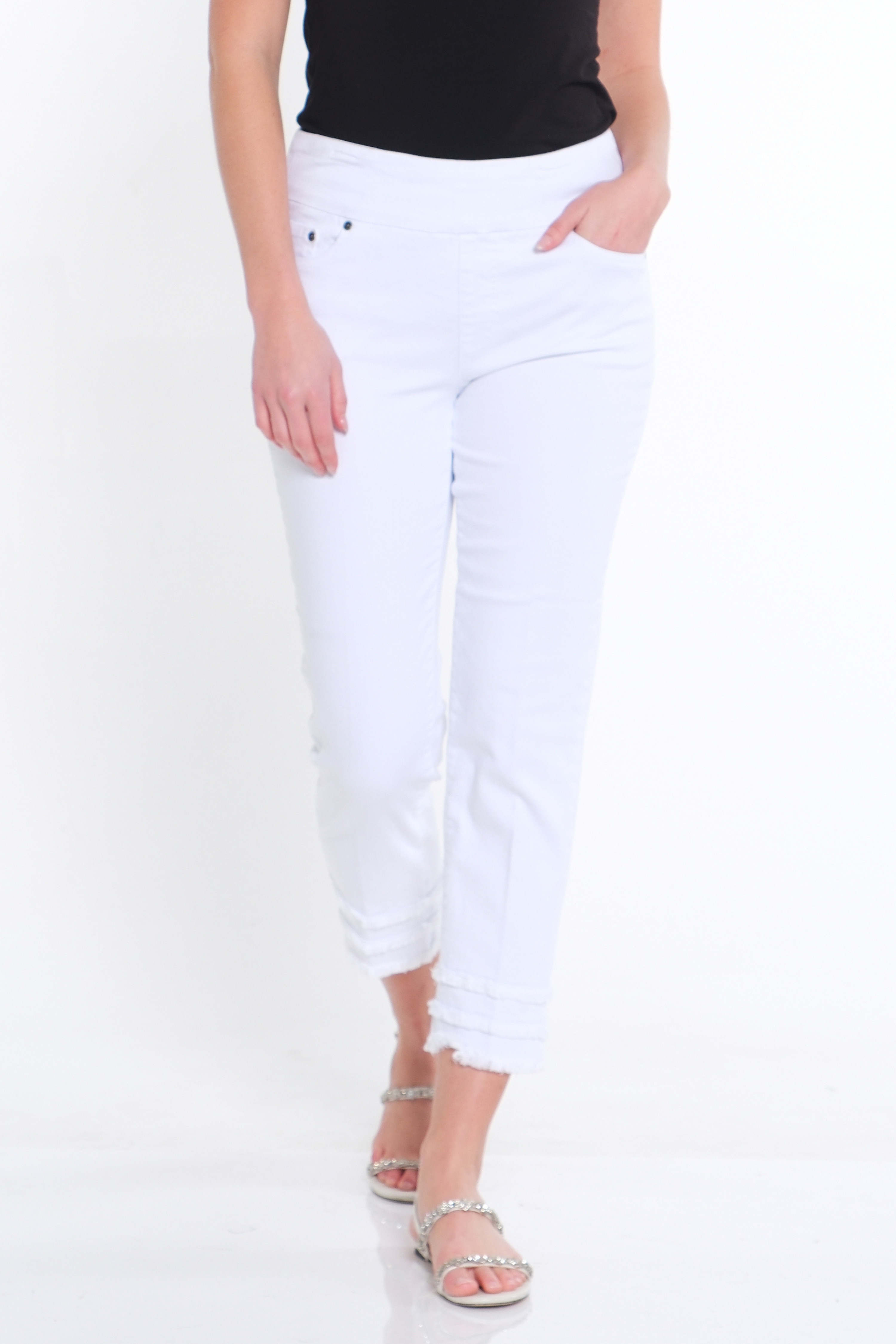 Pull-On Wide Band Triple Fringe Hem Jean Ankle Pant - White