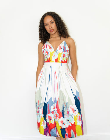 Eva Multicolor Splash Floral V-Bustier Knee-Length Dress