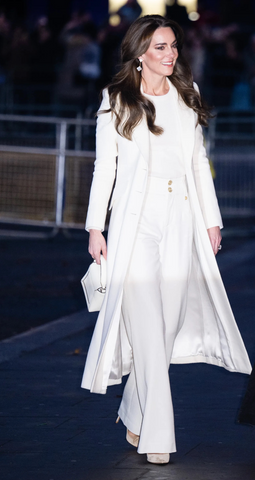 Kate Middleton walking in Monochromatic all White full length coat