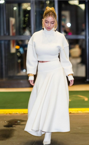 Sydney Sweeney in Schiaparelli white roll neck jumper and swirl skirt