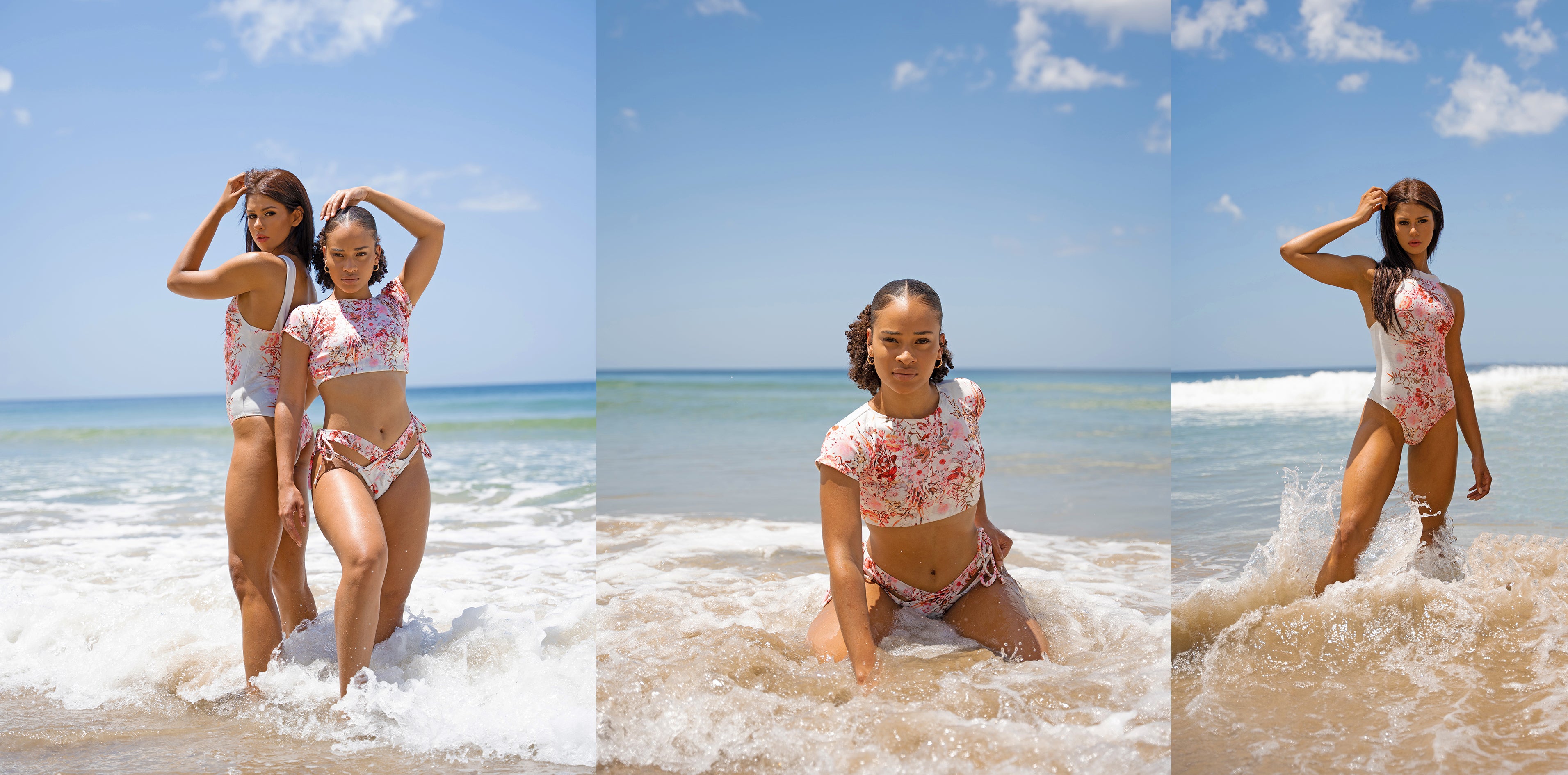 model posing at the beach in pink floral swimsuits embracing the sea waves