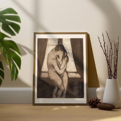 Edvard Munch's classic artwork titled 'The Kiss', available to order as a premium giclée art print with a wide range of framing options.