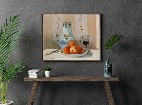 Art print featuring work titled 'Still Life with Apples and Pitcher' by Camille Pissarro