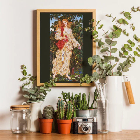 Art work by Evelyn de Morgan titled 'Flora', shown here as an eco-friendly art print framed in a wooden frame.