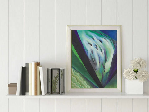 A classic abstract work titled 'Blue and Green Music' by Georgia O'Keeffe.