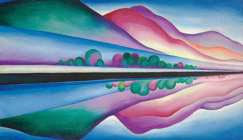 A classic painting by Georgia O'Keeffe titled 'Lake George Reflection' showing an abstract scene painted using pinks, blues and greens.