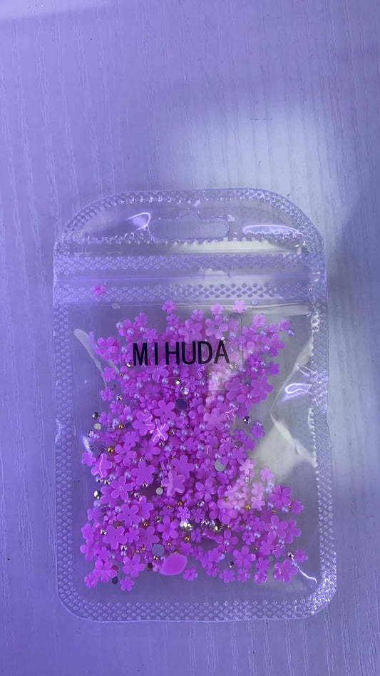 White Pink 3d Acrylic Flower Nail Charms With Pearl Golden Caviar