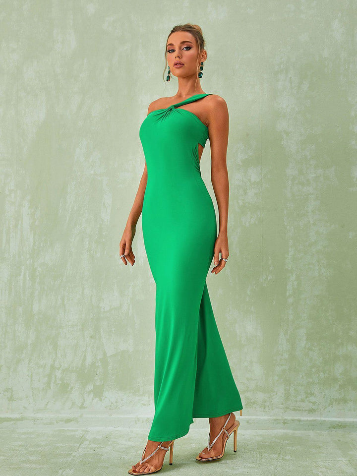 Emi One Shoulder Backless Maxi Dress In Green – Mew Mews Fashion