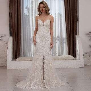 Spaghetti Strap Plunging V-neckline Lace Mermaid Wedding Dress