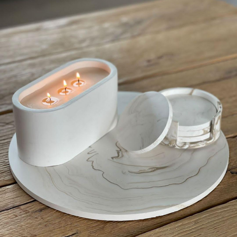 Gift for housewarming - Large tray, set of 4 coasters & large concrete candle