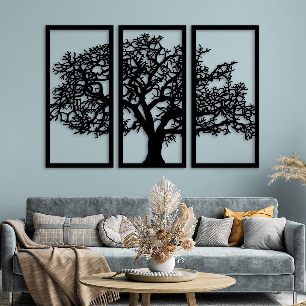 Tree in Silhouette- Metal Wall Art Contemporary Modern Decor- 3 panels