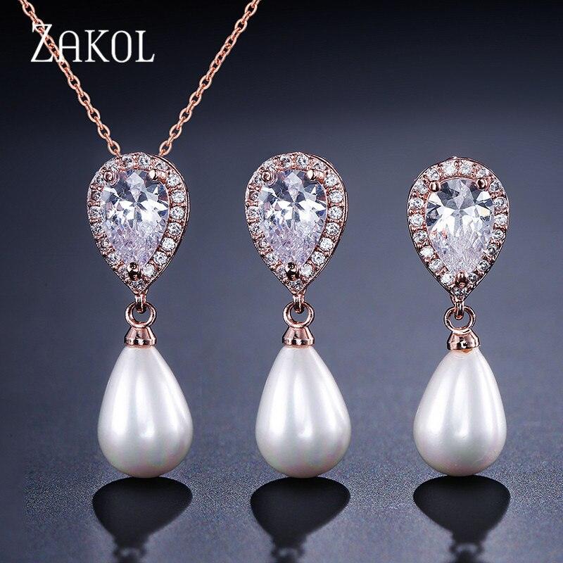 ZAKOL Trendy Leaf Crystal Cubic Zircon Pendant Necklace Earrings Set for Women Fashion Simulated Pearl Bridal Jewelry FSSP293 - www.rovinas.com