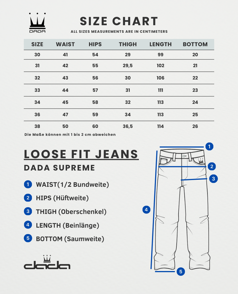 Größentabelle, Size Chart Loose Fit Jeans Dada Supreme