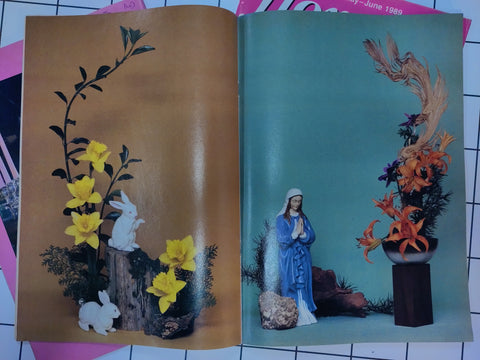 Easter themes floral arrangements on a double page spread - bunnies on one side, mother Mary on the other