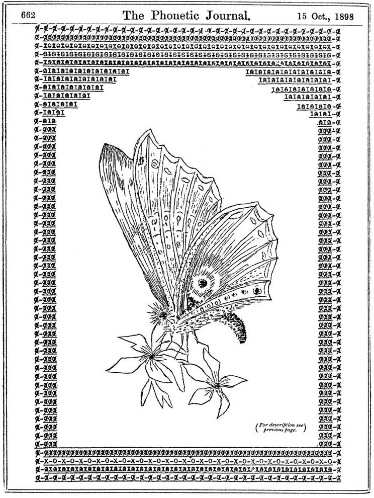Image of a butterfly on a couple of flowers, surrounded by a border. The image was produced using characters found on a typewriter. At the top of the image it states: The Phonetic Journal 15 October 1898.