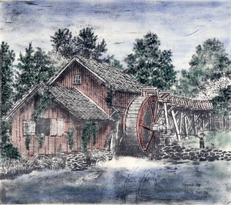 Wooden building in forest area with water mill to the right. Water in foreground and trees in background.
