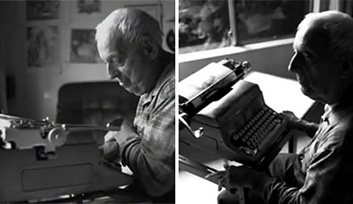 2 side-by-side, black and white photgraphs of artist Paul Smith sat in front of his typewriter.