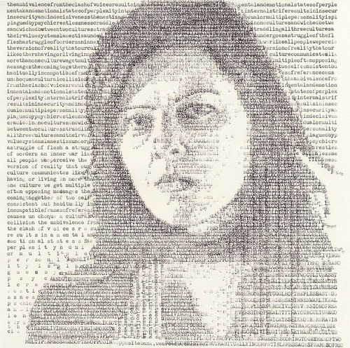 Typewriter-printed image of a woman formed using text