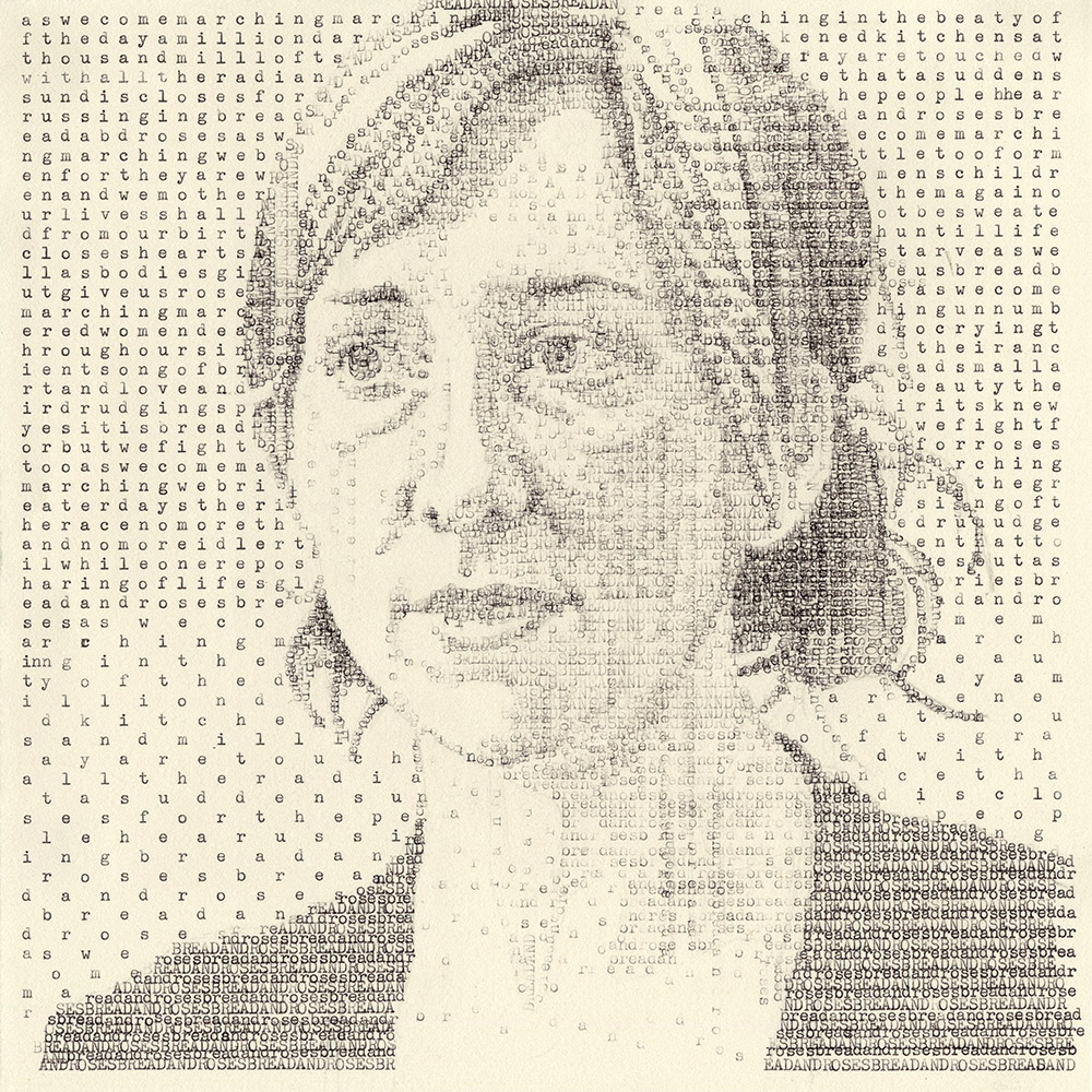 Typewriter-printed image of a woman using text