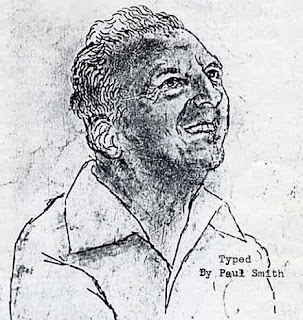 Portrait of artist Paul Smith, printed using primarily the bracket symbol of a type. Text in bottom right corner: 'Typed by Paul Smith'writer.