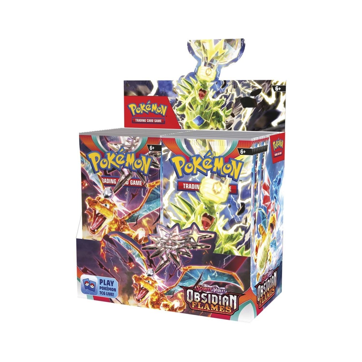 An image of a Pokémon TCG: Scarlet & Violet—Obsidian Flames Booster Box. The box, painted in hues of intense scarlet and deep violet, features an impressive artwork of Charizard ex unleashing its newfound powers of darkness.