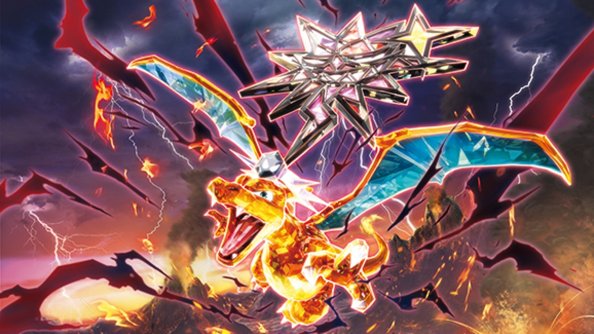 Dramatic image of Charizard from the Pokémon Scarlet and Violet Obsidian Flames release, with its iconic fiery wings spread wide, exuding a powerful aura indicative of its new powers of darkness, symbolizing the intense energy of the Obsidian Flames expansion.