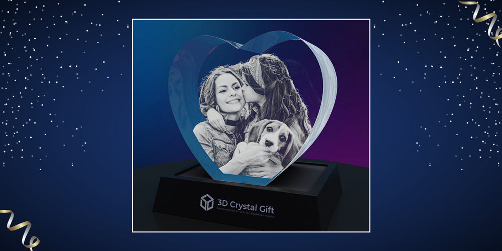 3D Crystal Heart Photo Frame With Women and Pet Dog