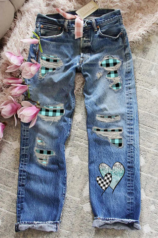 MINT GREEN PLAID JEANS
