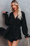 Black Pleated Ruffled Tie Waist Buttons V Neck Romper LC643761-2