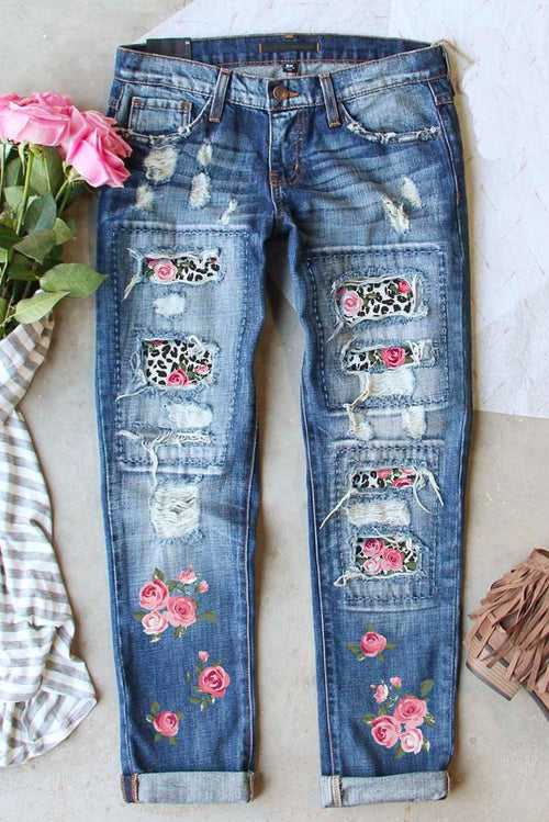 Sky Blue Rose Print Button Pockets Ripped Jeans LC787727-4
