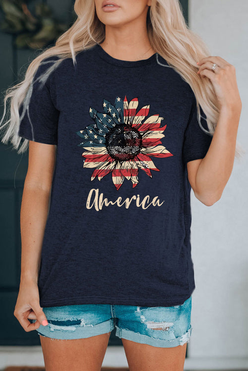 LC25217083-5-S, LC25217083-5-M, LC25217083-5-L, LC25217083-5-XL, LC25217083-5-2XL, American Flag Sunflower Printed Short Sleeve Graphic Tee