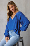 Blue Pleated V Neck Puffy Sleeve Blouse LC25115695-5