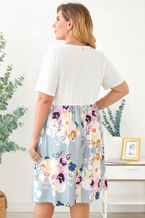 Plus Size Floral Print Colorblock Midi Dress