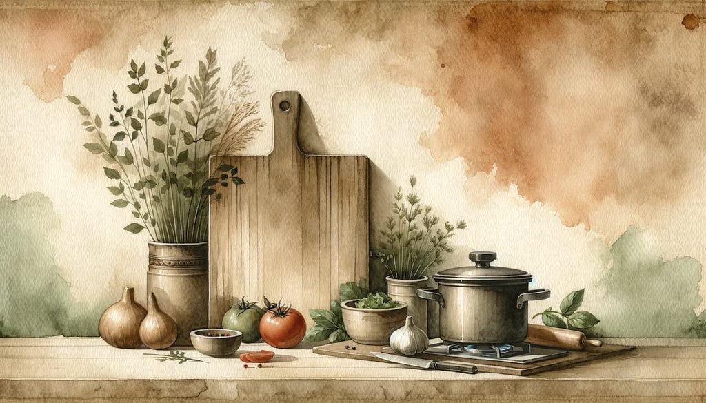 Watercolor painting of a kitchen representing the difference of cooking with tallow or lard