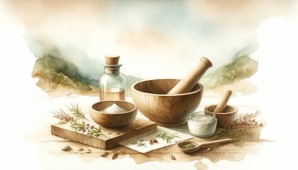 Painting representing tradtional medicine such as tallow balm for eczema recipe