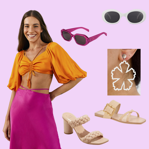 photos of summer outfit, shoes, earring, sunglasses for summer 2023