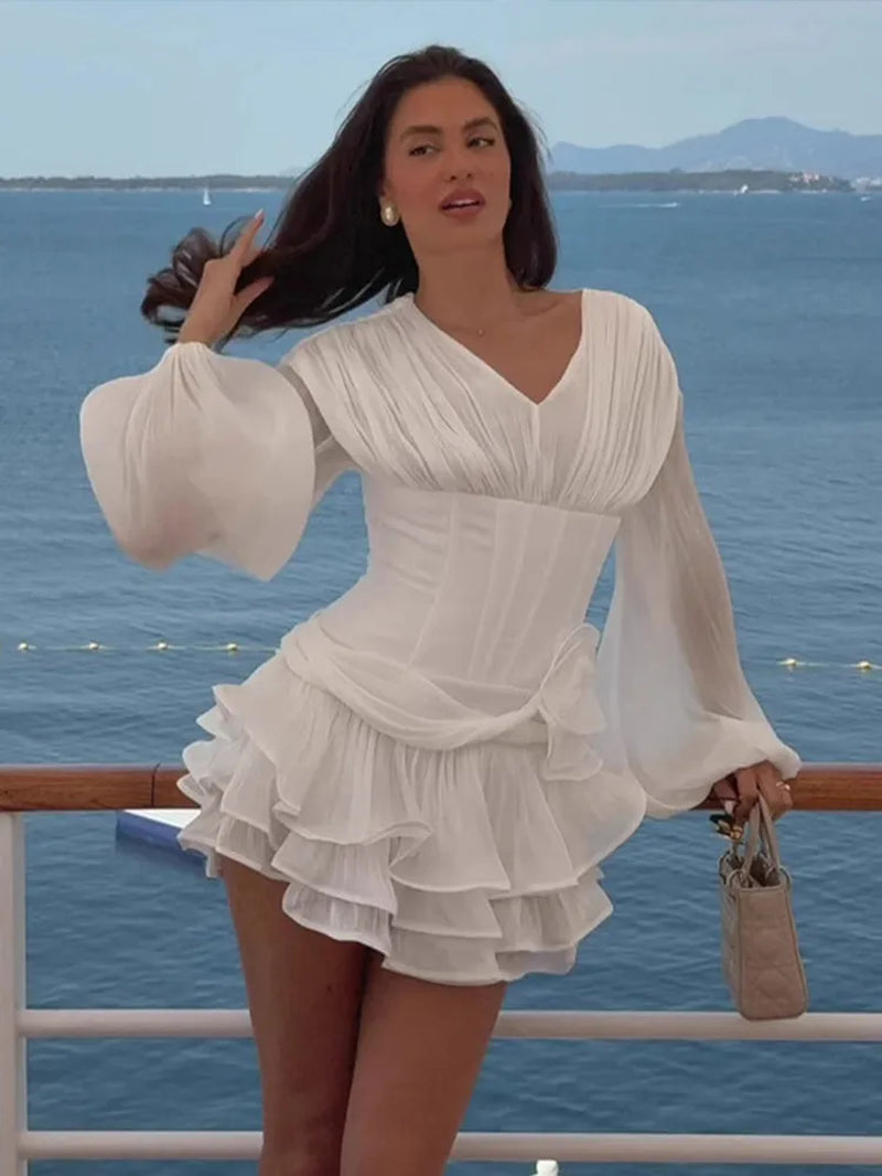 Women Fold V-Neck Ruffle Hem Mini Dresses Elegant High Street Ladies Evening Party Full Sleeves Slim Vestido Summer Fashion Robe
