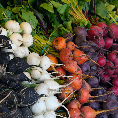 muli-coloured beetroot at farmers market