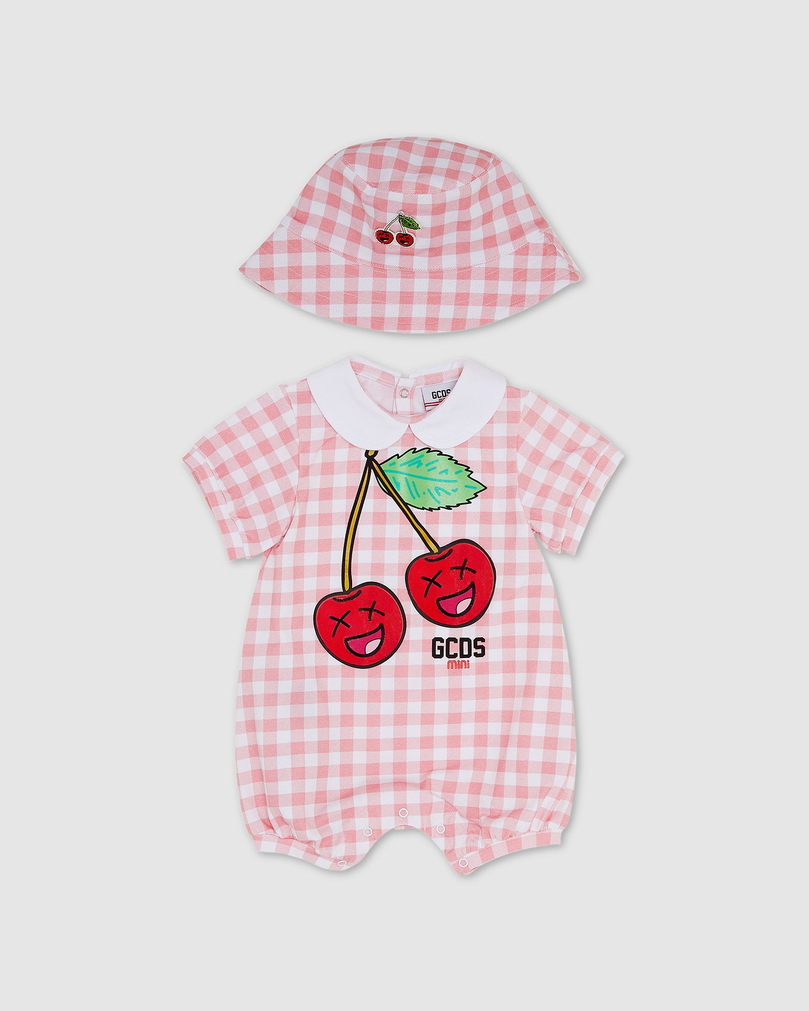 Cherry Vichy motif Two-piece Baby Gift Set: Unisex Playsuits and